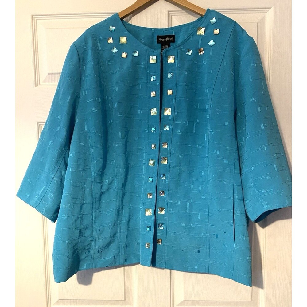 Maggie Barnes Turqouise Jacket with rhinestones size 3X hook and eye closure